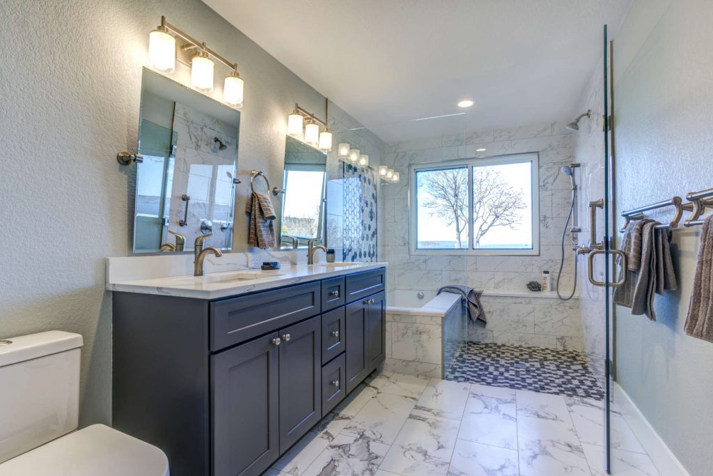 Luxury bathroom interior with Marble floor.